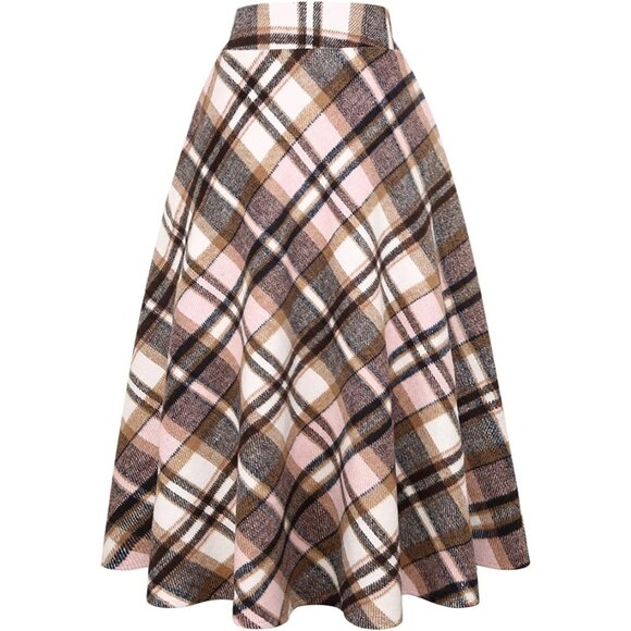 Womens Long Pink 7New Elastic Waist A-Line Pleated Tartan Long Plaid Wool Skirts - Picture 1 of 6